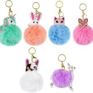 Bag Charms - 6 Animal Pom Pom Bag Charm Keychains